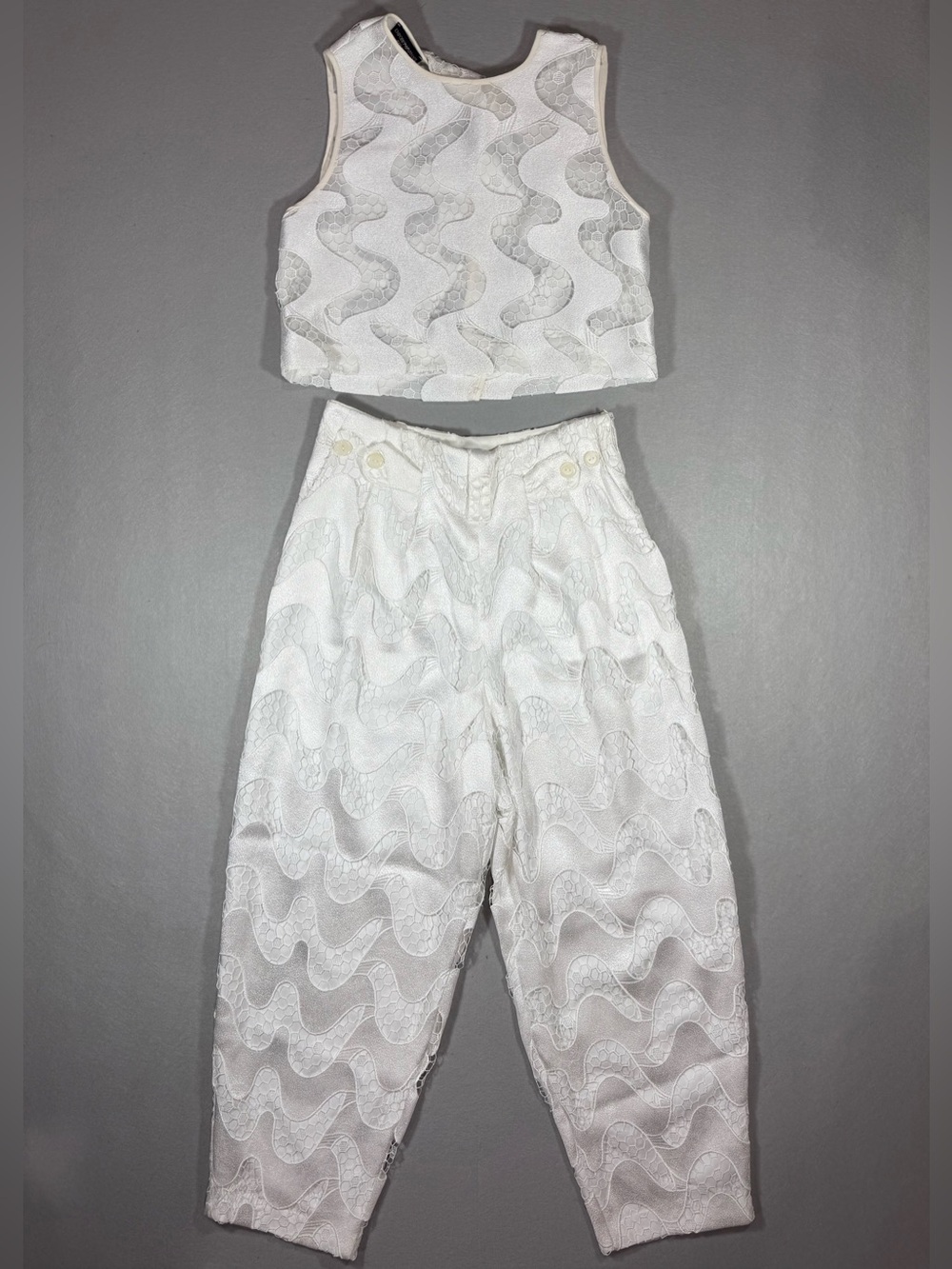 Emporio Armani White Lace Sheer Crop Top & Tapered Trousers Set Feminine Dainty